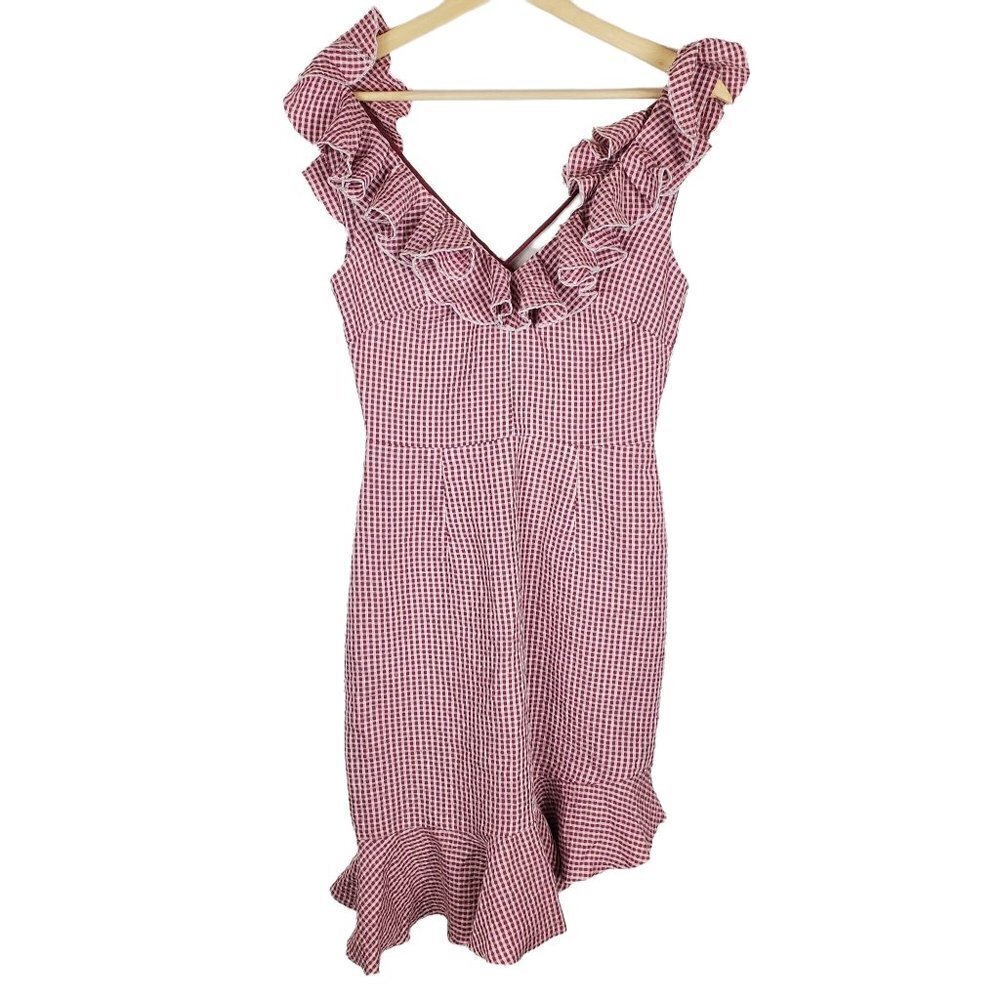 Wayf XS Gingham Check Seersucker Mini Dress red & white V-neck Lace up Ruffles